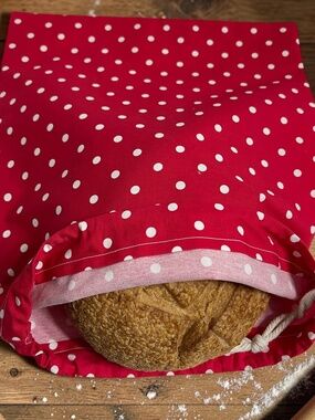 Red and White Polka Dot Cotton Bread Bag, Handmade Reusable Sourdough Storage